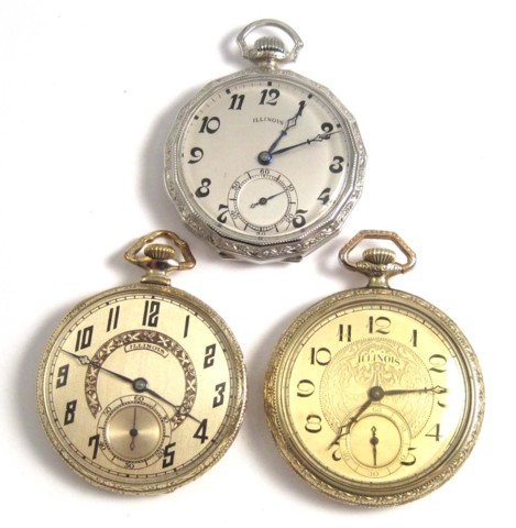 THREE ILLINOIS OPENFACE POCKET WATCHES: