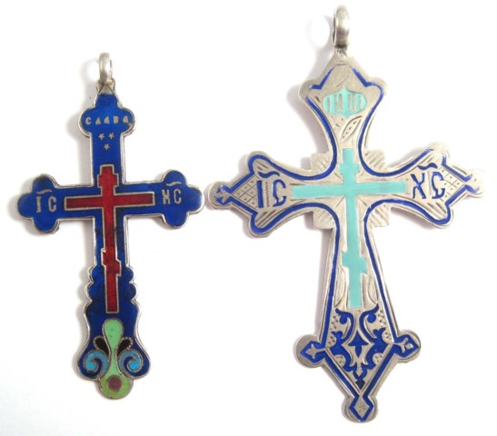 TWO SILVER RUSSIAN ORTHODOX CROSS PENDANTS