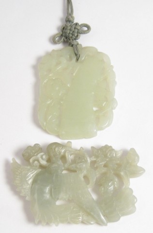 TWO CARVED LIGHT GREEN CHINESE 16f100