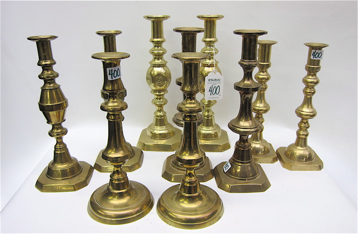 COLLECTION OF FIVE PAIR BRASS CANDLESTICKS