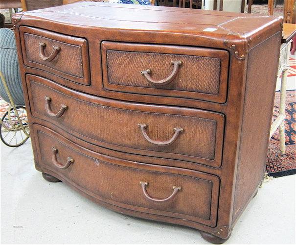 LEATHER ENCASED WOOD CHEST OF DRAWERS