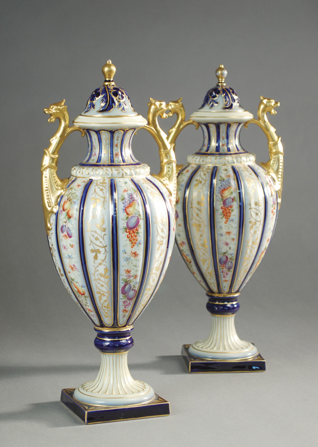 PAIR GERMAN PORCELAIN COVERED URNS 16f214