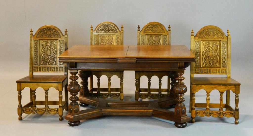 (9) Piece Jacobean Table & Chairs SignedHeavily