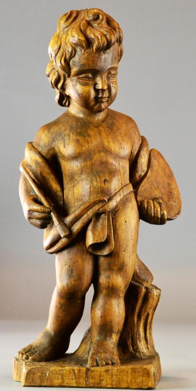 Wood Sculpture Of a Cherub With A Palette