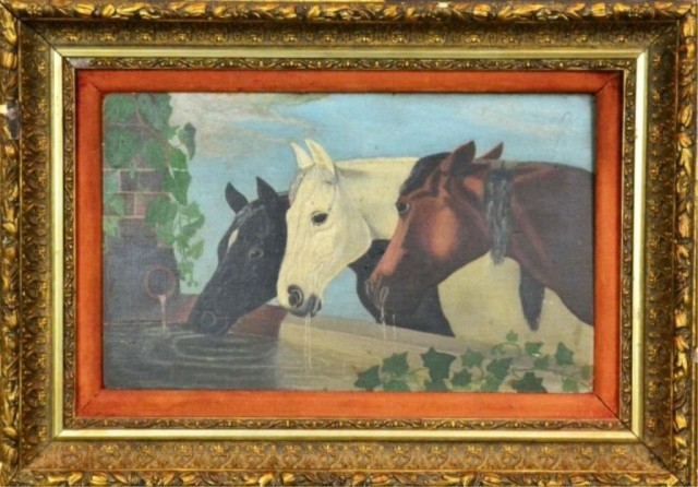 1890 OIL ON WOOD PANEL OF 3 HORSESThree