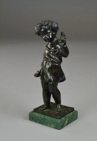 BRONZE BOY ON GREEN MARBLE VASEFigure