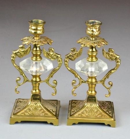 Pr. Of Brass And Glass CandlesticksDecorated