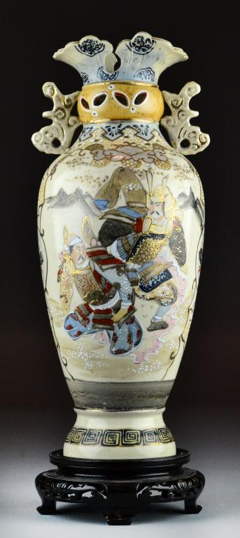 Large Japanese Satsuma Vase with StandDepicting