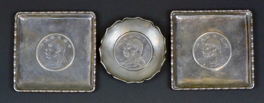 (3) Chinese Silver Trays Set With