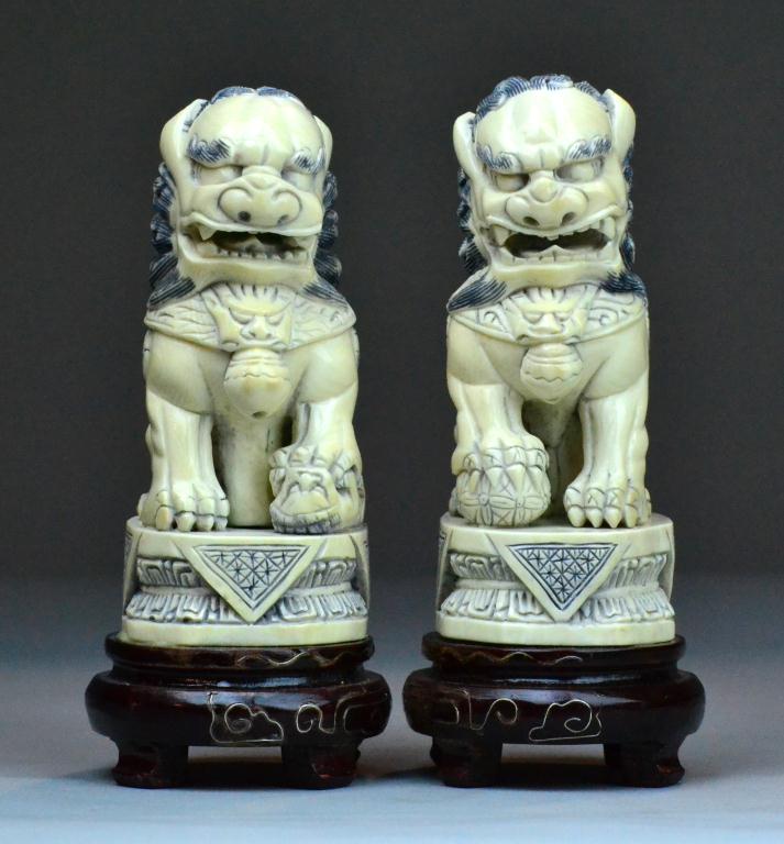 Pr Chinese Carved Ivory Foo DogsFinely 171f40