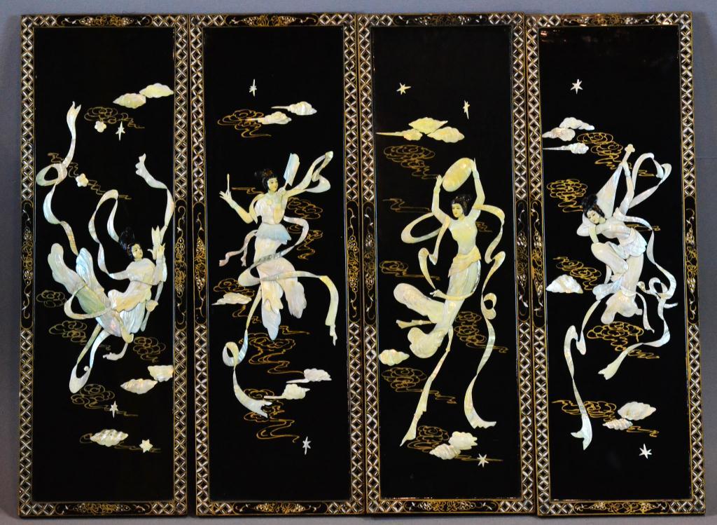 (4) Chinese Appliqued Lacqered