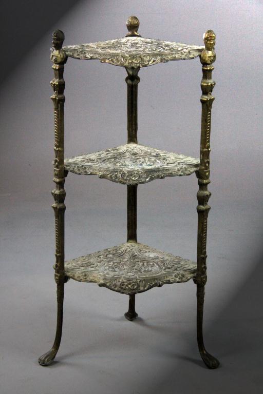 Small Ornate 3 Tiered Corner Brass TableAn