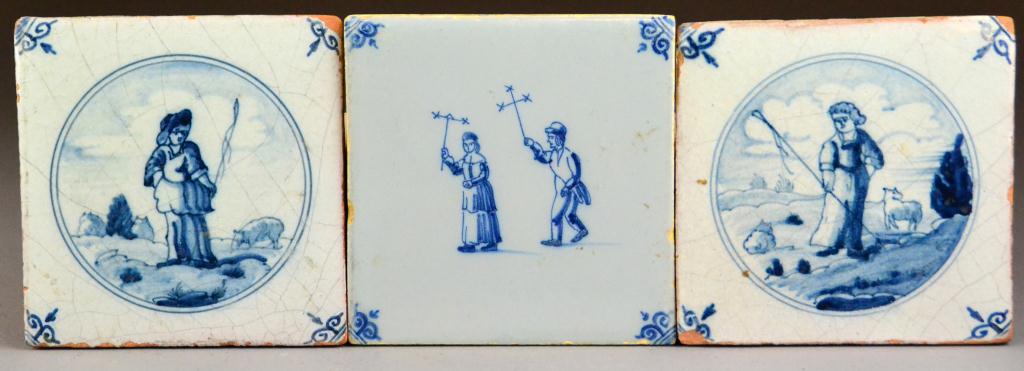 (3) Blue & White Delft Tiles 18th Century.Depicting