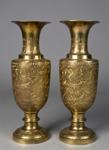 Pr Of Indian Brass Etched VasesEtched 172178