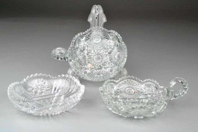 THREE CUT GLASS CANDY DISHESTwo dishes