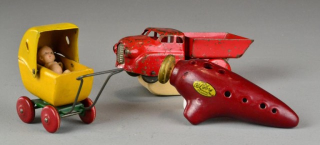 (3) Antique Toys - Red Truck Yellow