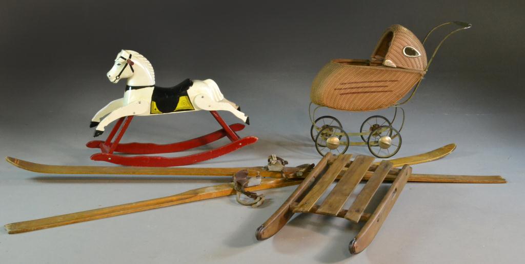 (4) Wicker Buggy Wooden Sled Horse &