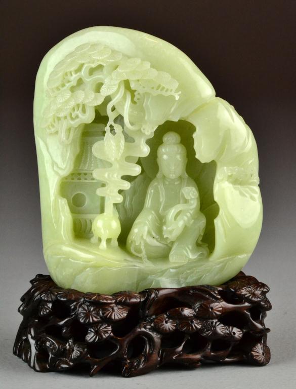 Chinese Carved Celedon Jade BoulderDepicting