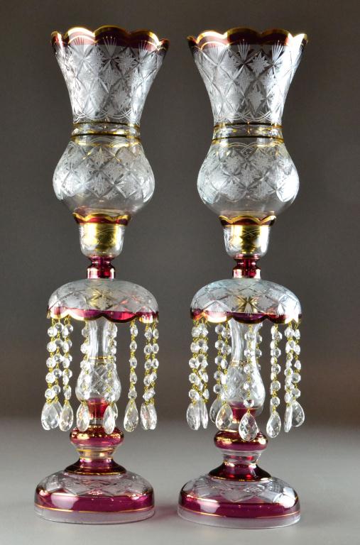 Pr. Victorian Cut Glass Luster Lamps