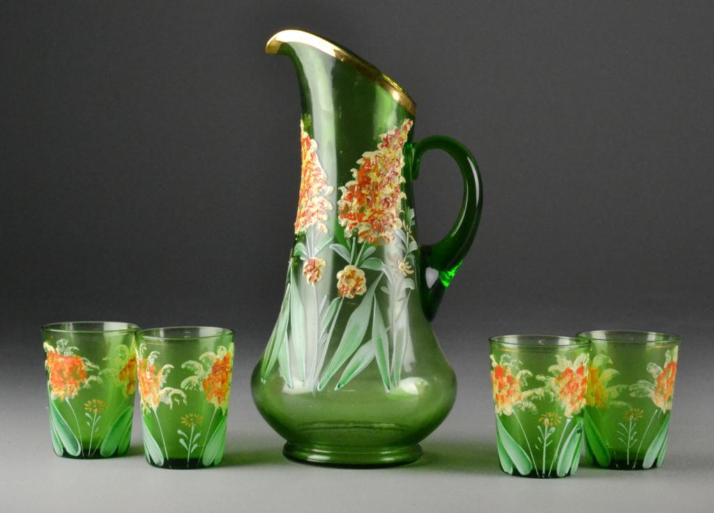  5 Piece Hand painted Green Glass 17272f