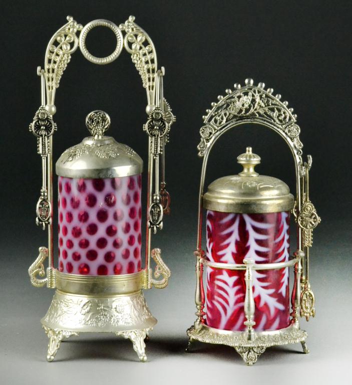 (2) Fenton Cranberry Glass Pickle Jars/CastorsTo