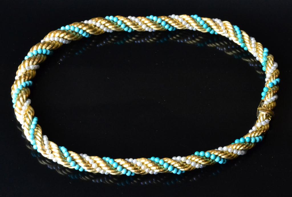 18K Gold Seed Pearl And Turquoise 1727a0