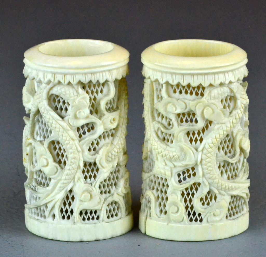 (2) Chinese Carved Ivory BrushpotsFinely