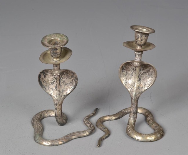 Pr Of Silver Plated Cobra CandlesticksDepicting 17288b