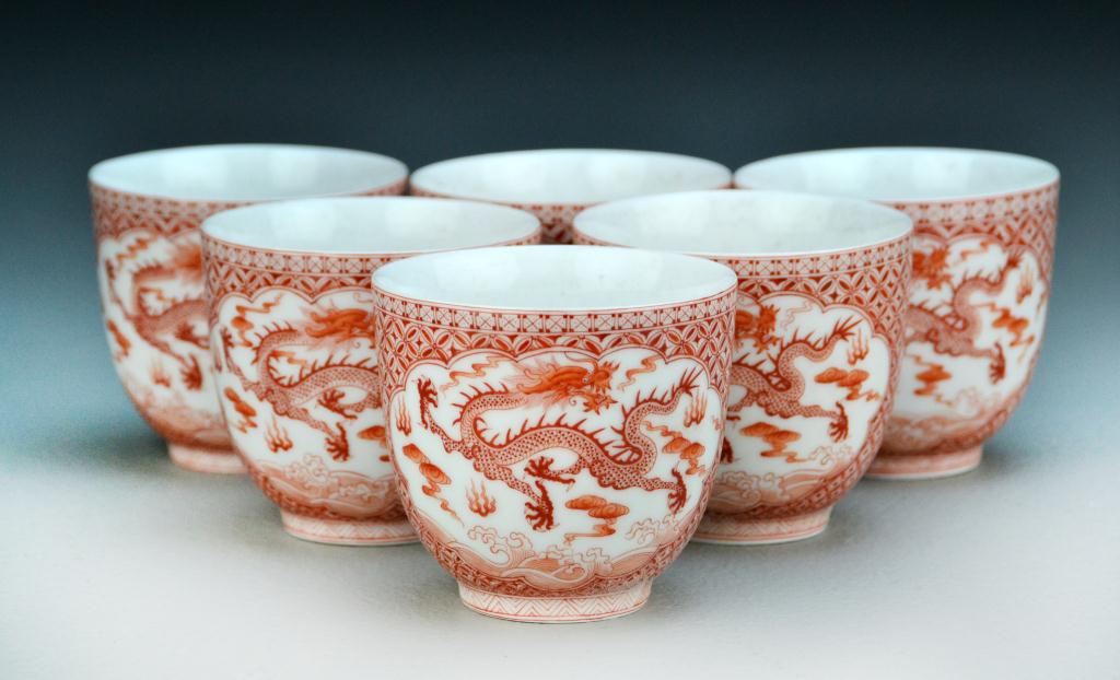 (6) Chinese Iron Red Porcelain Tea CupsFinely