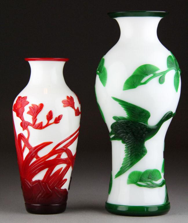 (2) Chinese Peking Glass VasesOne green