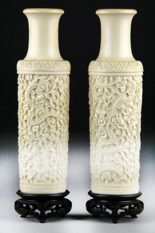 Pr. Chinese Carved Ivory Vases On Hardwood