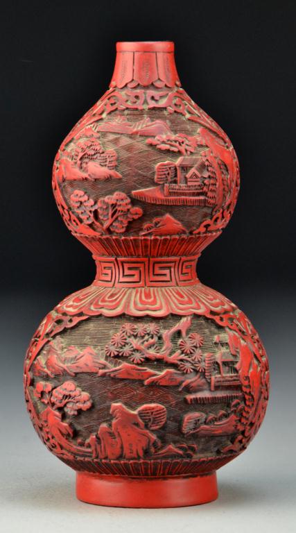 Chinese Cinnabar Double Gourd VaseFinely 1729ff