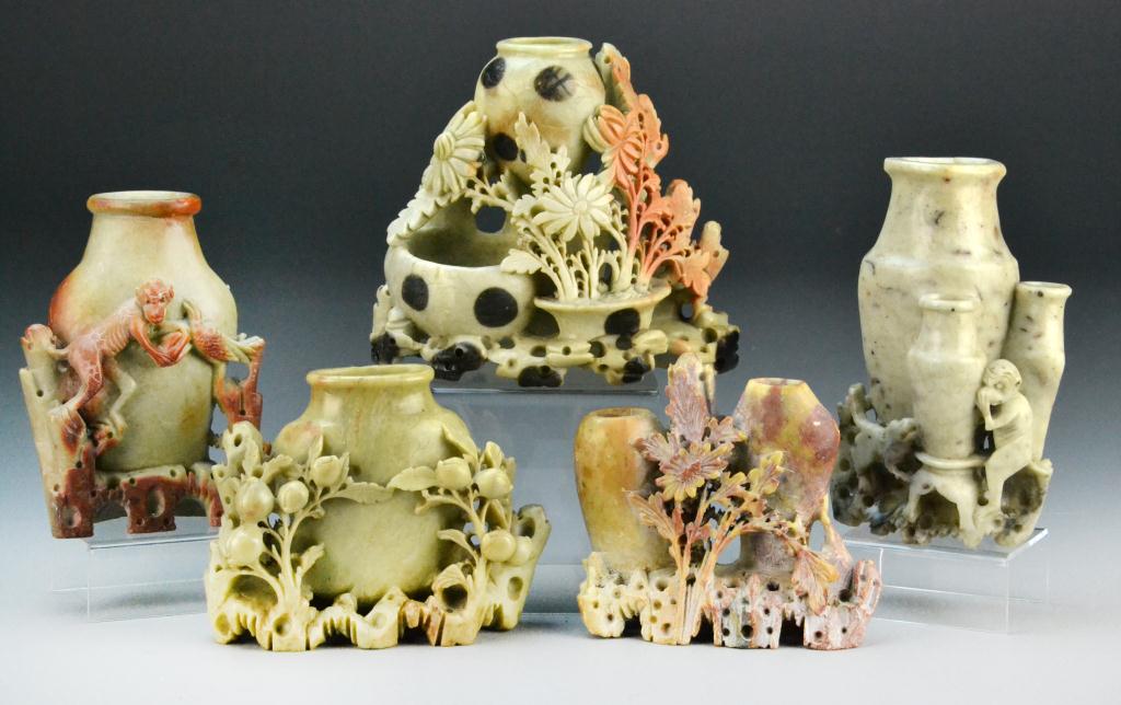 (5) Chinese Carved Soapstone VasesDepicting