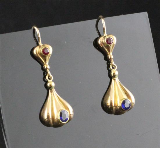 A pair of gold sapphire and ruby