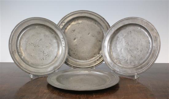 Four Stuart pewter plates late 17th