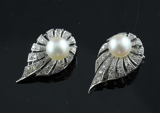 A pair of 18ct white gold cultured