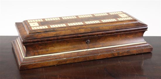 A Victorian ivory inlaid walnut cribbage