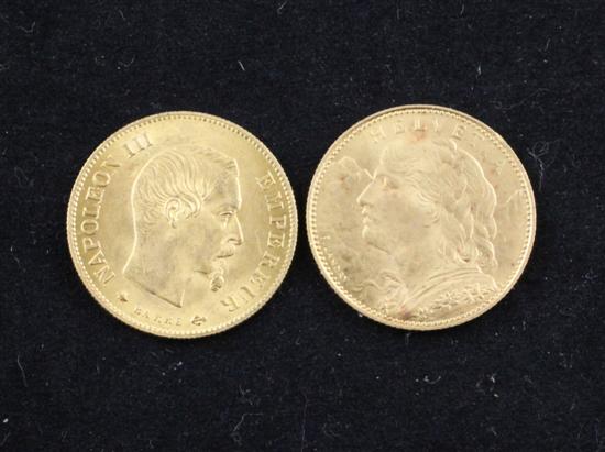 A French 1860 gold 10 Francs and