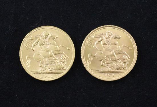 Two gold sovereigns; 1912 and 1968