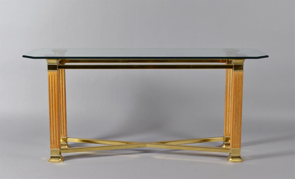 A Brass Glass and Wood Hall TableWith 17109e