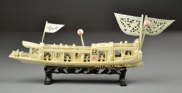 Chinese Carved Ivory Boat with FiguresIntricately