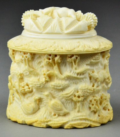 Chinese Carved Ivory Box and CoverIntricately