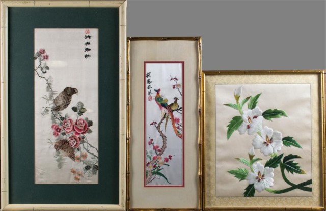 (3) Chinese Silk EmbroideriesAll painted