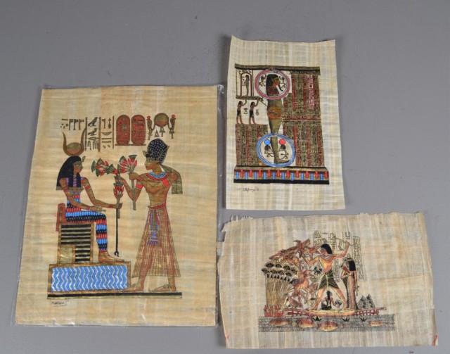  3 Egyptian Paintings On Papyrus 1715e2