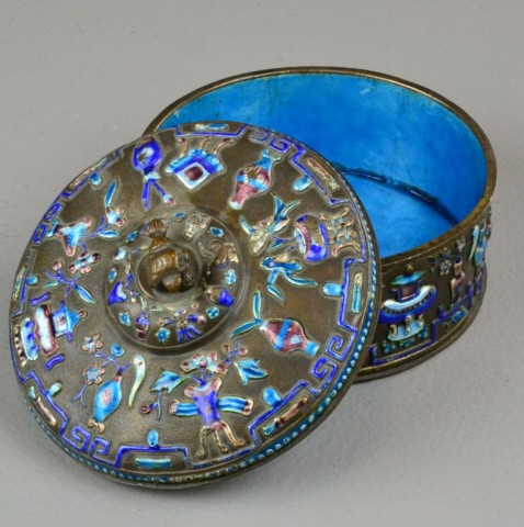 Chinese Enamel Brass and Silver BoxCircular