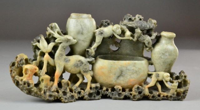 Chinese Carved Soapstone Deer and MonkeysCarved