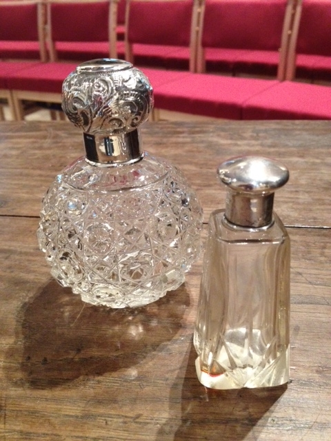 Two silver and moulded glass perfume