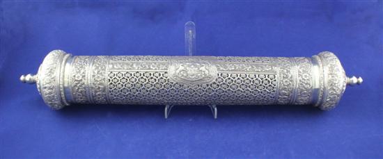 An Indian white metal scroll case