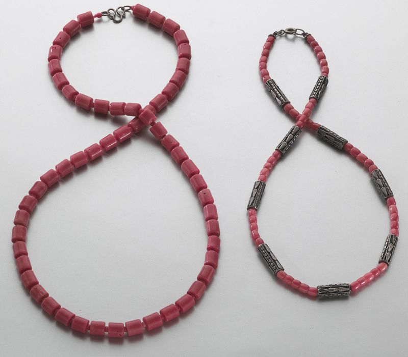 (2) Chinese carved red coral necklaces(International