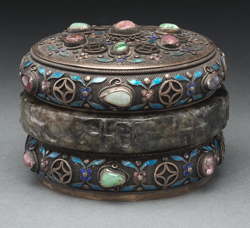 Chinese enamel over silver and jade